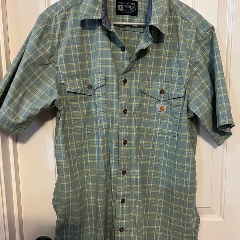 Men's Carhartt Rugged Flex Relaxed Fit Short-Sleeve Nice Green Plaid Shi…
